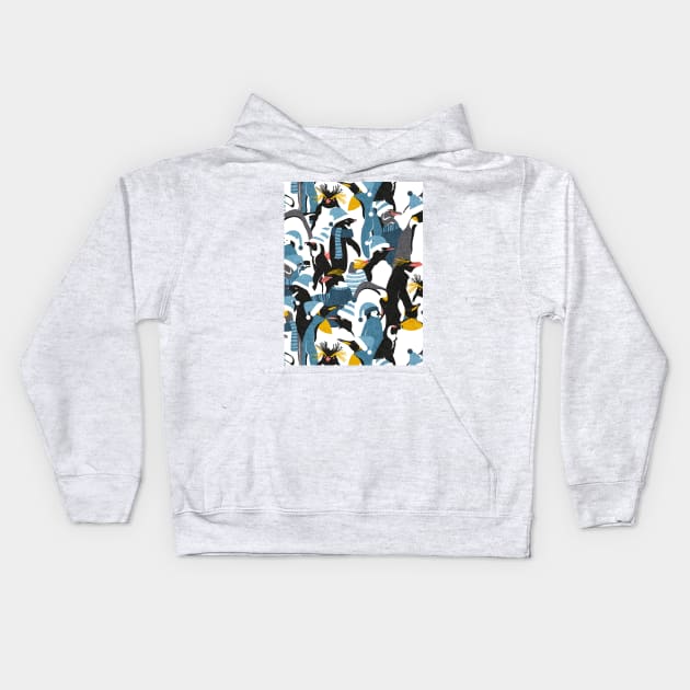 Merry penguins // pattern // black white grey dark teal yellow and coral type species of penguins blue dressed for winter and Christmas season (King, African, Emperor, Gentoo, Galápagos, Macaroni, Adèlie, Rockhopper, Yellow-eyed, Chinstrap) Kids Hoodie by SelmaCardoso